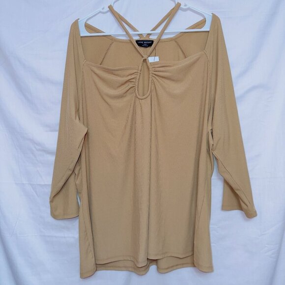 Lane Bryant NWT Tan Half Sleeve Strappy Cold Shoulder Rib Knit Pullover Top - Picture 1 of 7